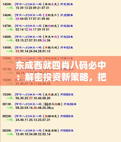 东成西就四肖八码必中：解密投资新策略，把握财富脉搏